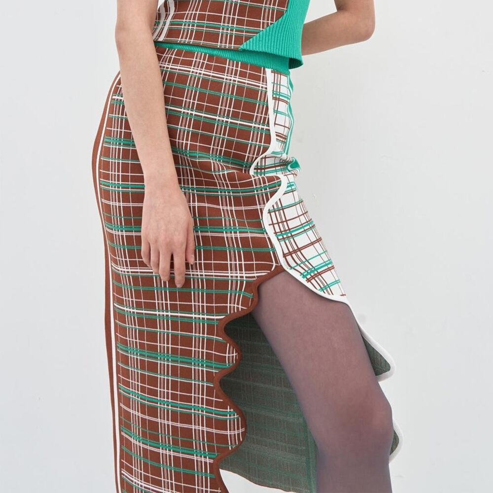 PH5 Brown Green White Plaid Wavy Knit Midi Skirt Size S